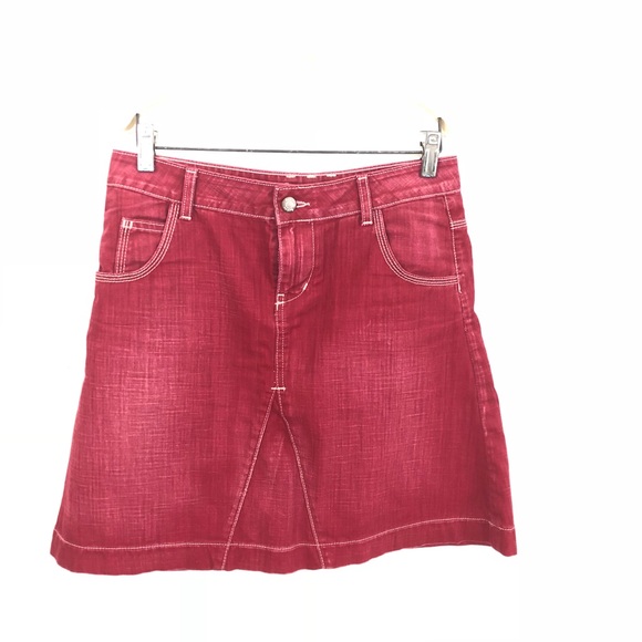 red denim midi skirt